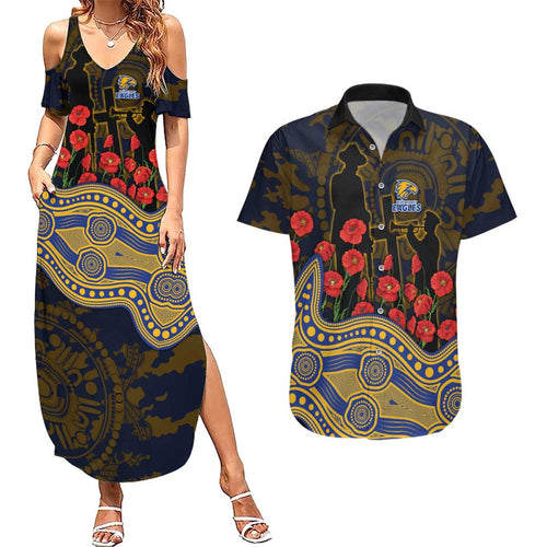 West Coast Eagles ANZAC Day Couples Matching Summer Maxi Dress and Hawaiian Shirt Indigenous Dot Art with Poppy Flower Tribute