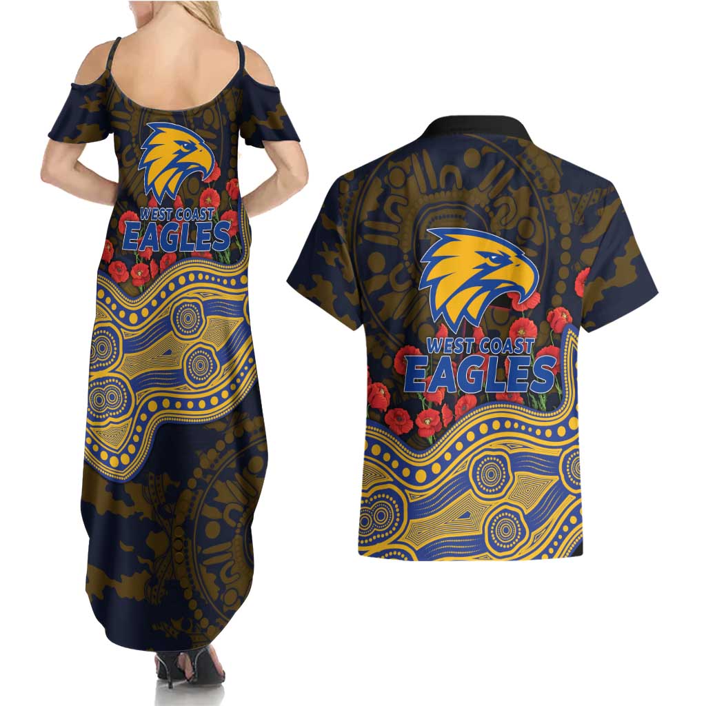 West Coast Eagles ANZAC Day Couples Matching Summer Maxi Dress and Hawaiian Shirt Indigenous Dot Art with Poppy Flower Tribute