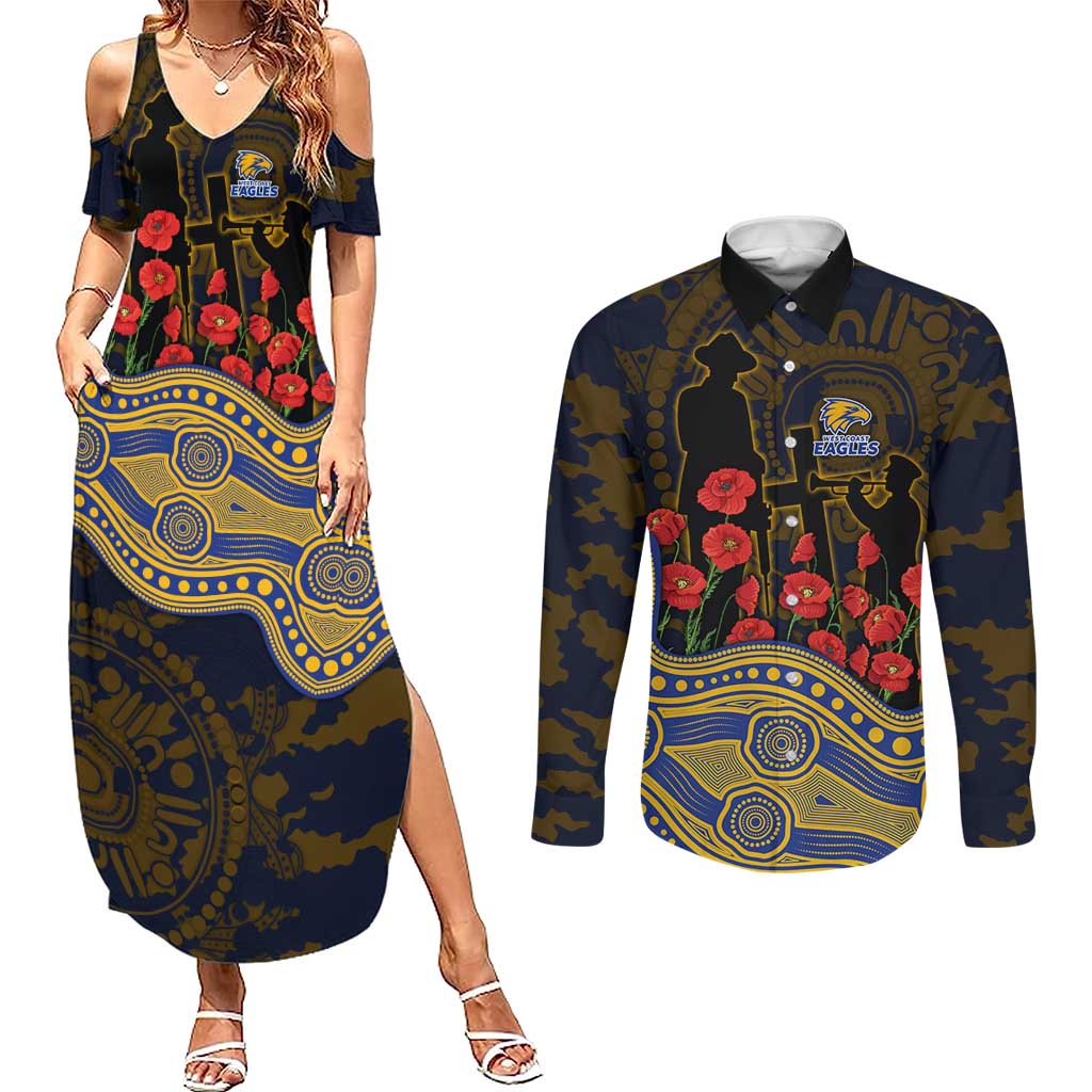 West Coast Eagles ANZAC Day Couples Matching Summer Maxi Dress and Long Sleeve Button Shirt Indigenous Dot Art with Poppy Flower Tribute