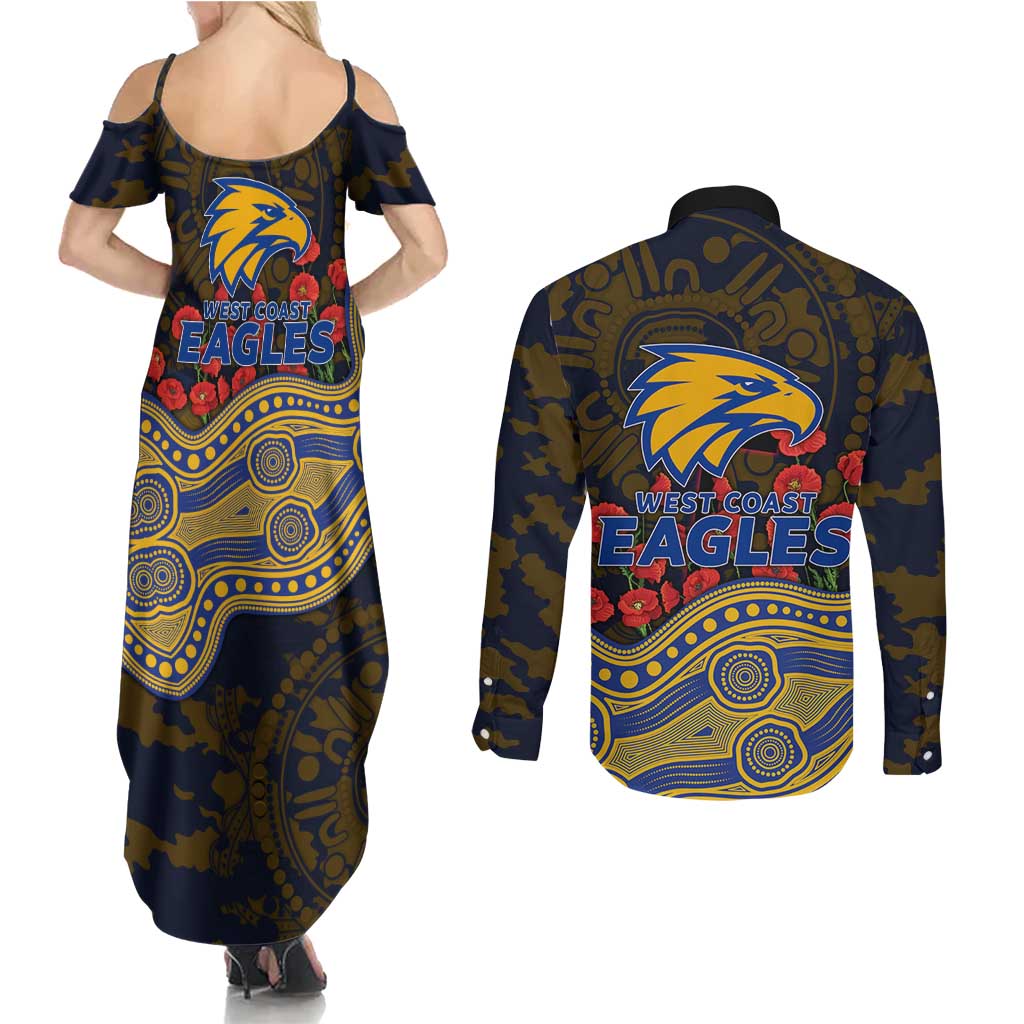 West Coast Eagles ANZAC Day Couples Matching Summer Maxi Dress and Long Sleeve Button Shirt Indigenous Dot Art with Poppy Flower Tribute