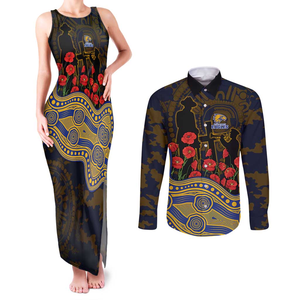 West Coast Eagles ANZAC Day Couples Matching Tank Maxi Dress and Long Sleeve Button Shirt Indigenous Dot Art with Poppy Flower Tribute