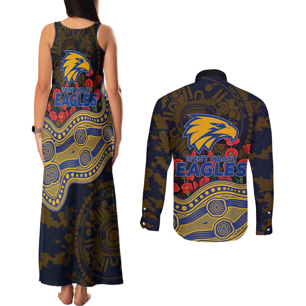 West Coast Eagles ANZAC Day Couples Matching Tank Maxi Dress and Long Sleeve Button Shirt Indigenous Dot Art with Poppy Flower Tribute