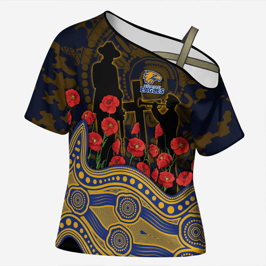 West Coast Eagles ANZAC Day Cross Shoulder Shirt Indigenous Dot Art with Poppy Flower Tribute
