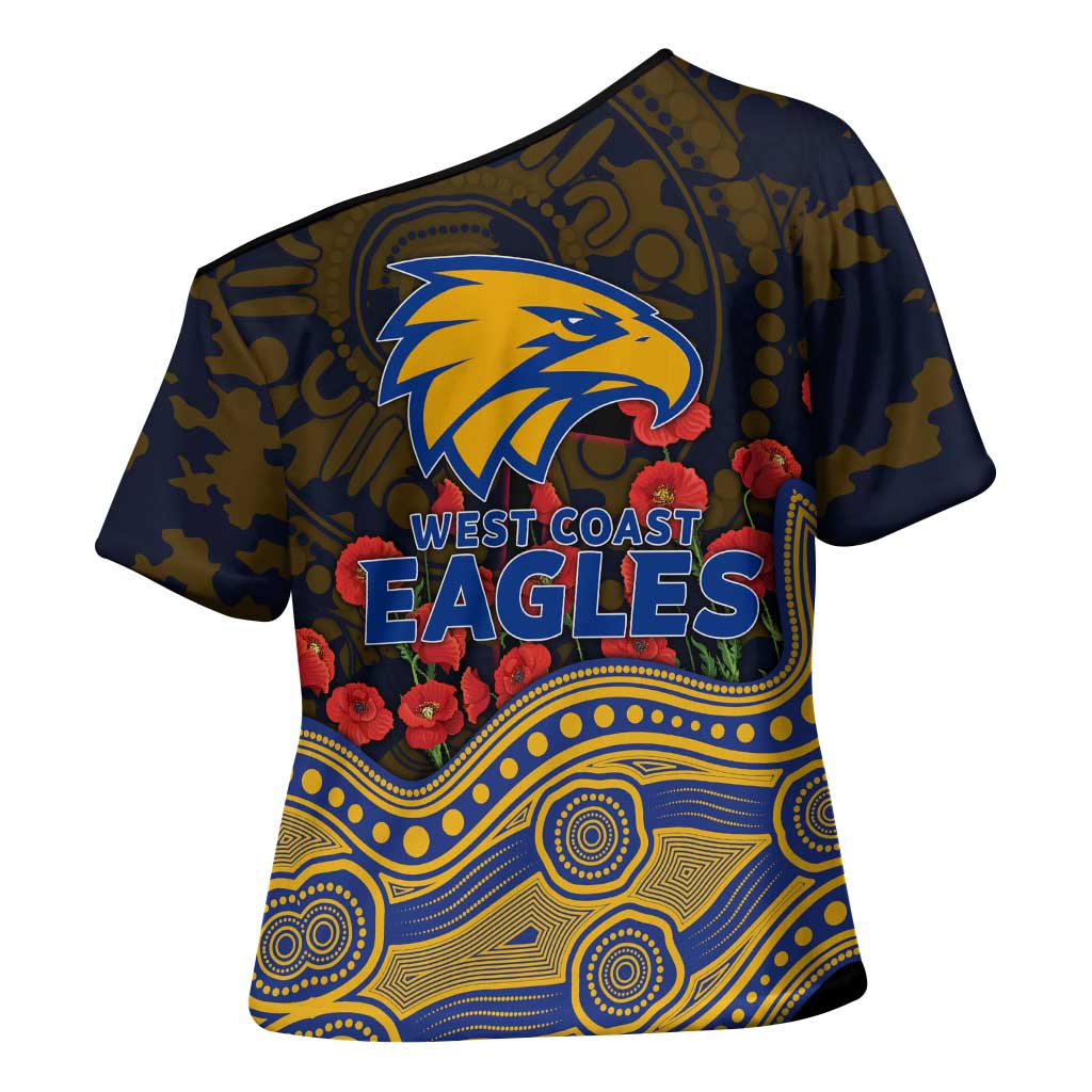 West Coast Eagles ANZAC Day Cross Shoulder Shirt Indigenous Dot Art with Poppy Flower Tribute