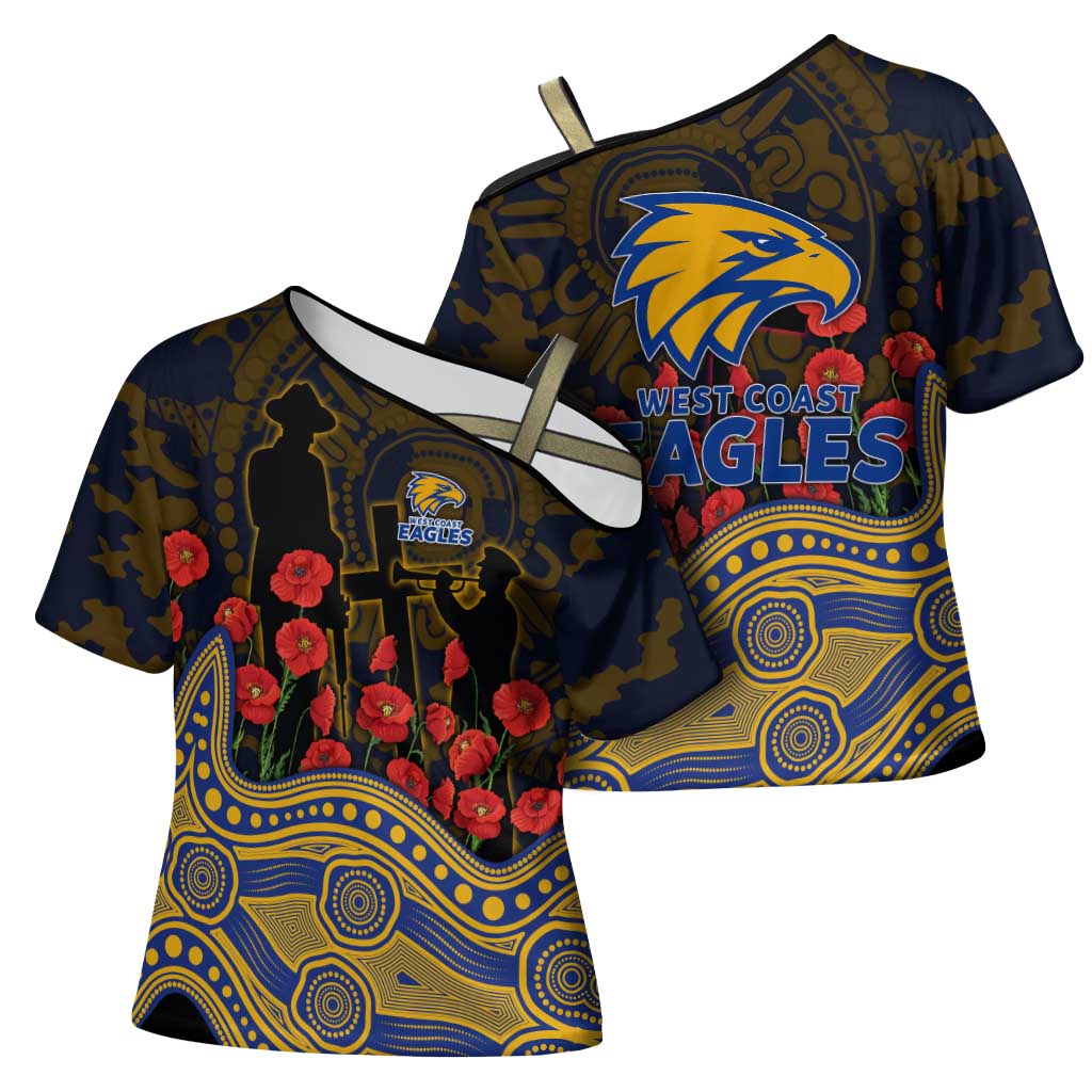 West Coast Eagles ANZAC Day Cross Shoulder Shirt Indigenous Dot Art with Poppy Flower Tribute