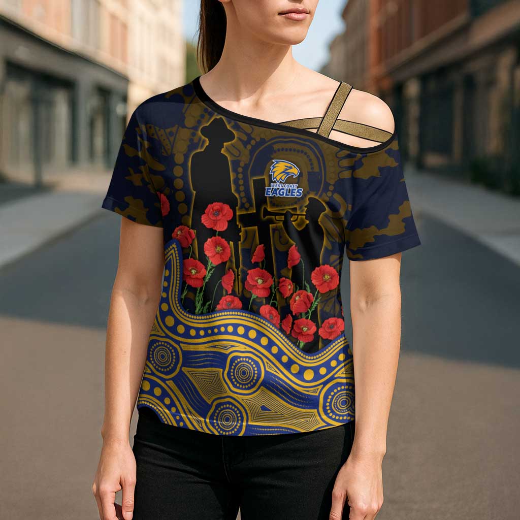 West Coast Eagles ANZAC Day Cross Shoulder Shirt Indigenous Dot Art with Poppy Flower Tribute