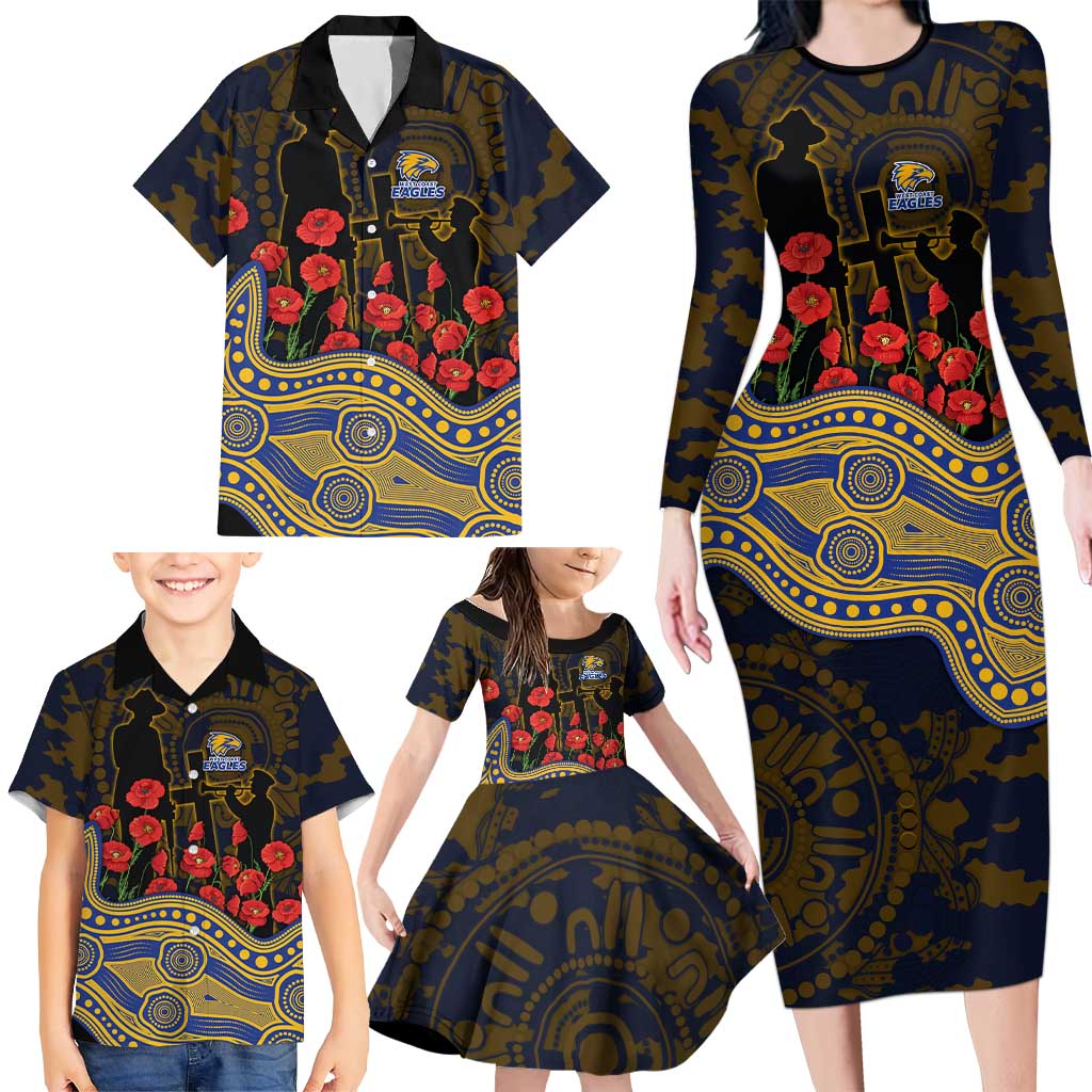 West Coast Eagles ANZAC Day Family Matching Long Sleeve Bodycon Dress and Hawaiian Shirt Indigenous Dot Art with Poppy Flower Tribute