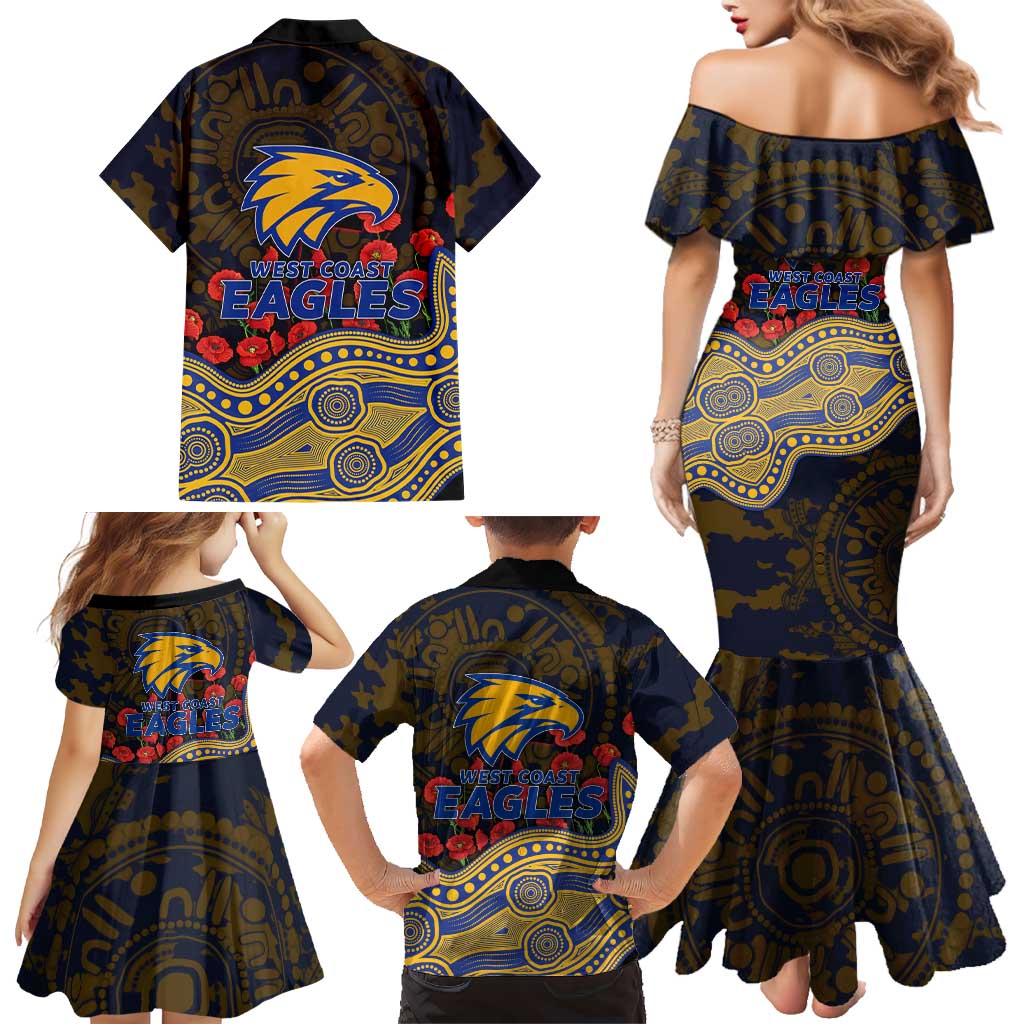 West Coast Eagles ANZAC Day Family Matching Mermaid Dress and Hawaiian Shirt Indigenous Dot Art with Poppy Flower Tribute