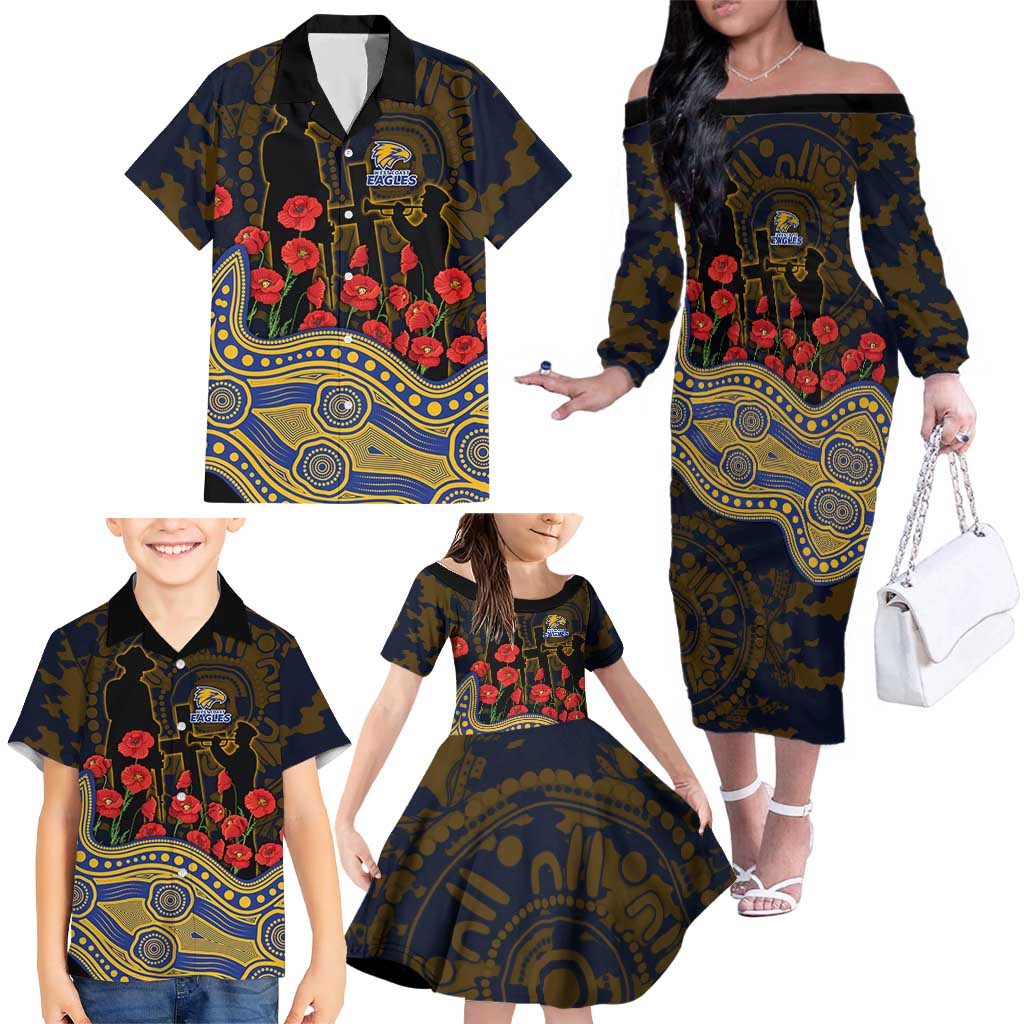 West Coast Eagles ANZAC Day Family Matching Off The Shoulder Long Sleeve Dress and Hawaiian Shirt Indigenous Dot Art with Poppy Flower Tribute