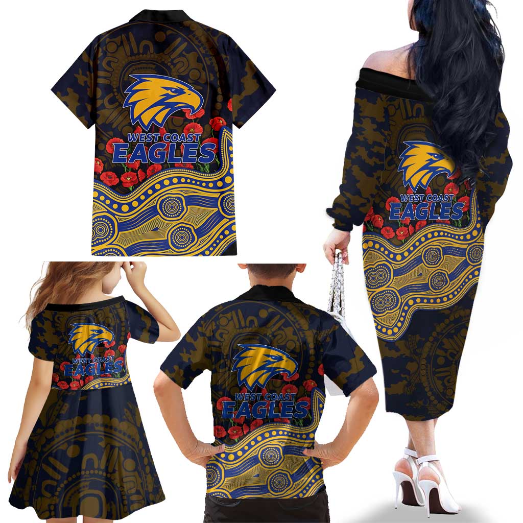 West Coast Eagles ANZAC Day Family Matching Off The Shoulder Long Sleeve Dress and Hawaiian Shirt Indigenous Dot Art with Poppy Flower Tribute