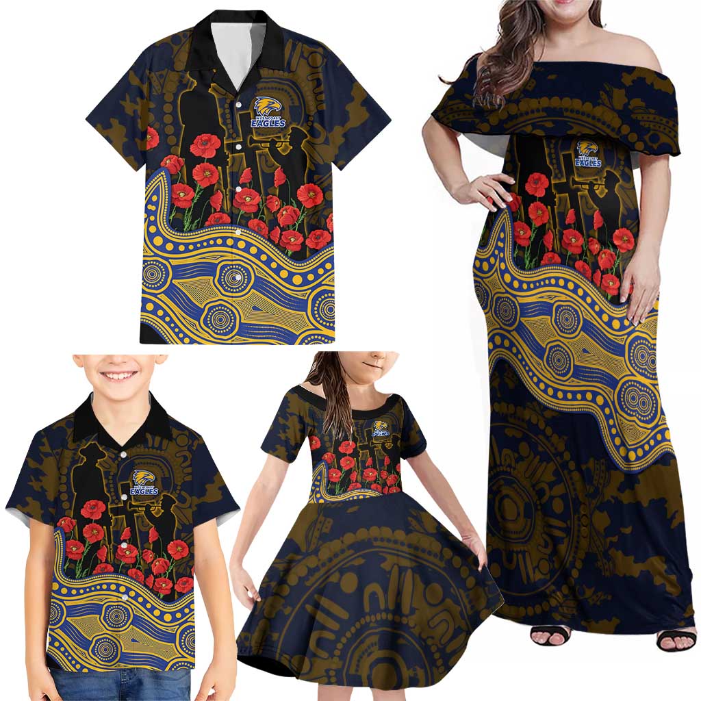 West Coast Eagles ANZAC Day Family Matching Off Shoulder Maxi Dress and Hawaiian Shirt Indigenous Dot Art with Poppy Flower Tribute