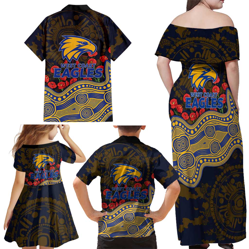 West Coast Eagles ANZAC Day Family Matching Off Shoulder Maxi Dress and Hawaiian Shirt Indigenous Dot Art with Poppy Flower Tribute