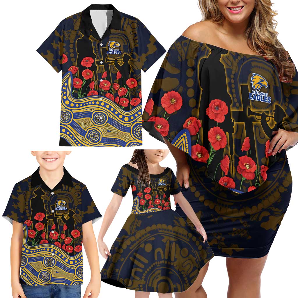 West Coast Eagles ANZAC Day Family Matching Off Shoulder Short Dress and Hawaiian Shirt Indigenous Dot Art with Poppy Flower Tribute