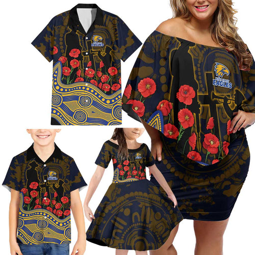 West Coast Eagles ANZAC Day Family Matching Off Shoulder Short Dress and Hawaiian Shirt Indigenous Dot Art with Poppy Flower Tribute