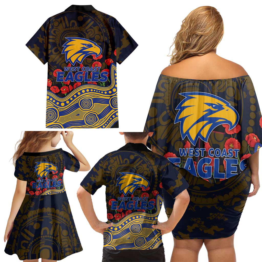 West Coast Eagles ANZAC Day Family Matching Off Shoulder Short Dress and Hawaiian Shirt Indigenous Dot Art with Poppy Flower Tribute
