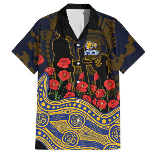 West Coast Eagles ANZAC Day Family Matching Off Shoulder Short Dress and Hawaiian Shirt Indigenous Dot Art with Poppy Flower Tribute
