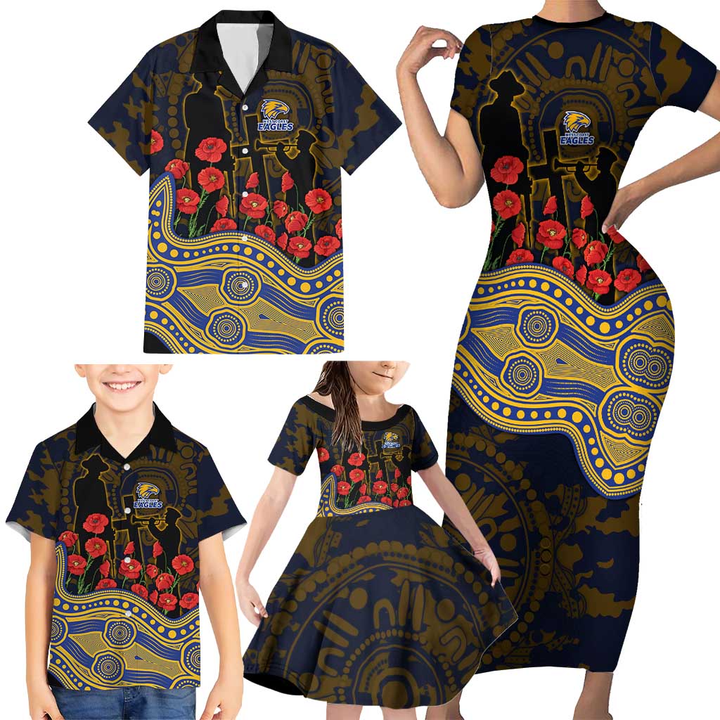 West Coast Eagles ANZAC Day Family Matching Short Sleeve Bodycon Dress and Hawaiian Shirt Indigenous Dot Art with Poppy Flower Tribute