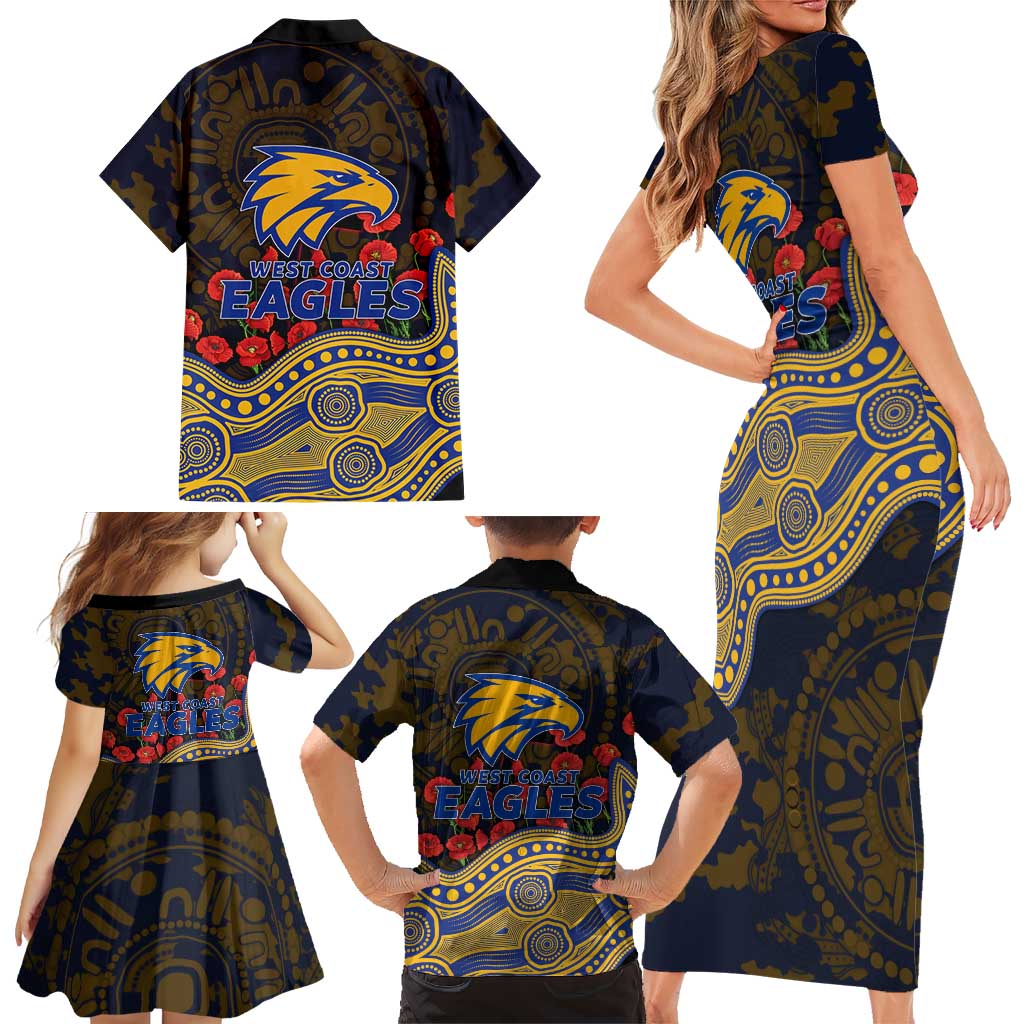 West Coast Eagles ANZAC Day Family Matching Short Sleeve Bodycon Dress and Hawaiian Shirt Indigenous Dot Art with Poppy Flower Tribute