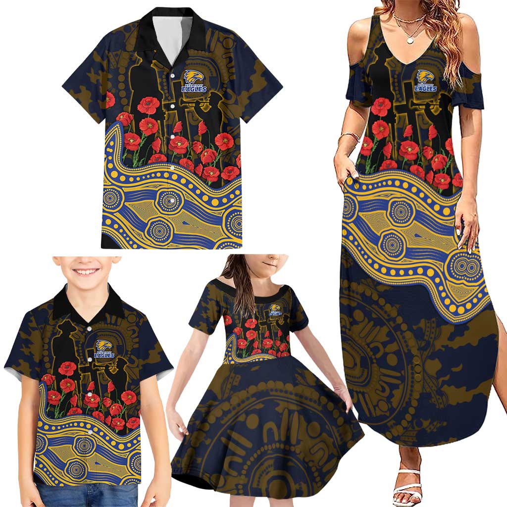 West Coast Eagles ANZAC Day Family Matching Summer Maxi Dress and Hawaiian Shirt Indigenous Dot Art with Poppy Flower Tribute