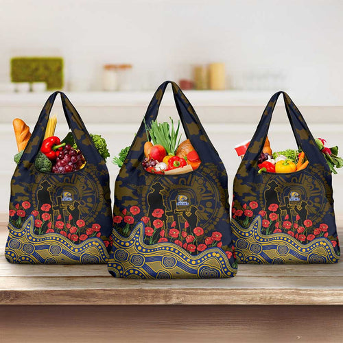 West Coast Eagles ANZAC Day Grocery Bag Indigenous Dot Art with Poppy Flower Tribute