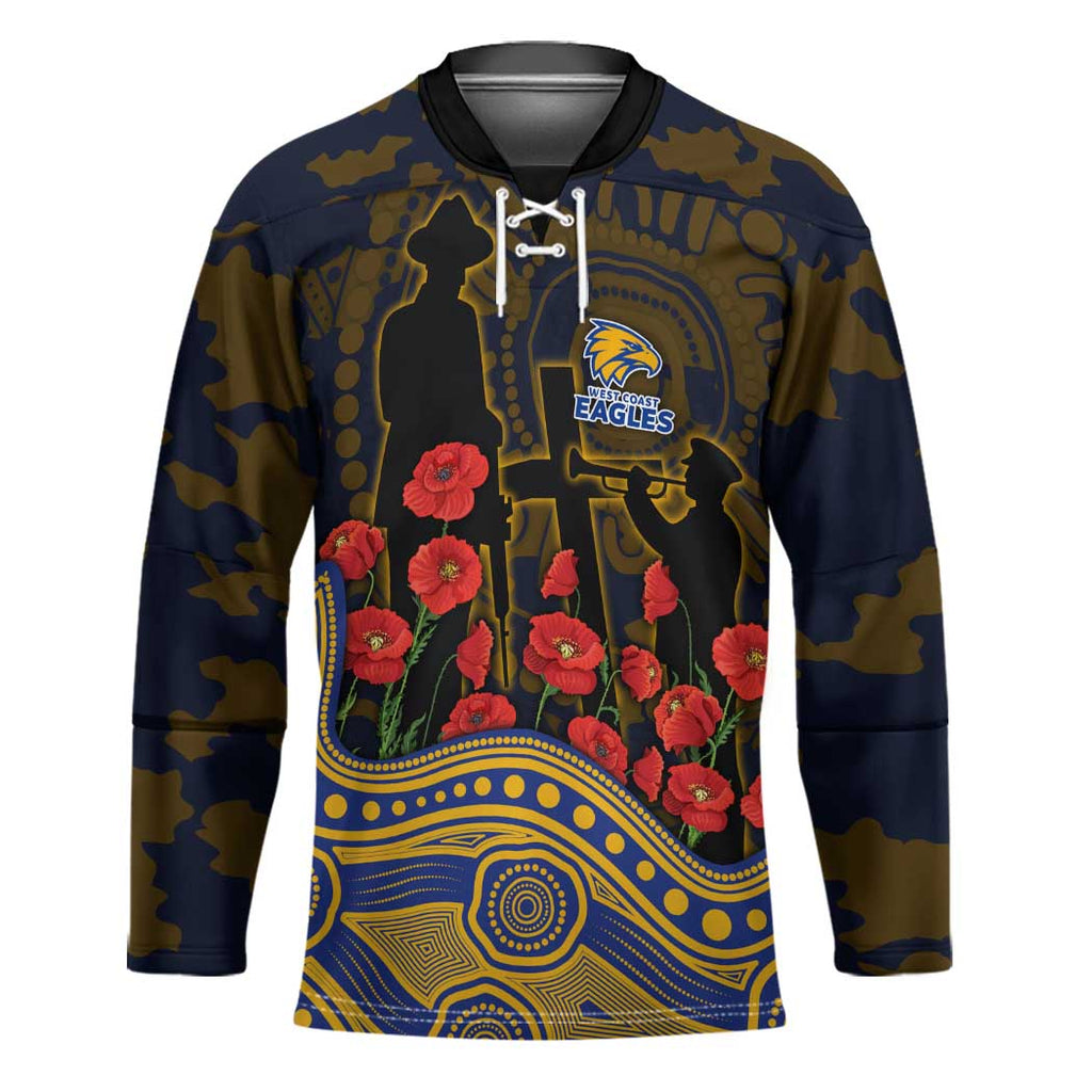 West Coast Eagles ANZAC Day Hockey Jersey Indigenous Dot Art with Poppy Flower Tribute