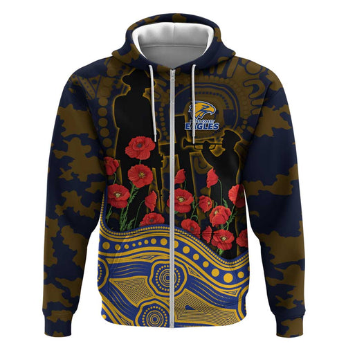 West Coast Eagles ANZAC Day Hoodie Indigenous Dot Art with Poppy Flower Tribute
