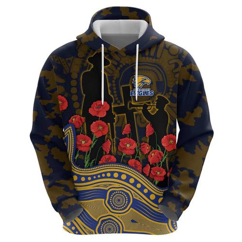West Coast Eagles ANZAC Day Hoodie Indigenous Dot Art with Poppy Flower Tribute