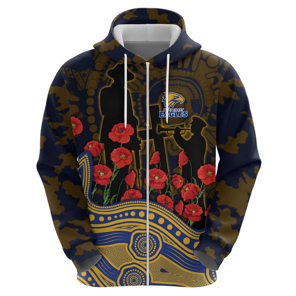 West Coast Eagles ANZAC Day Hoodie Indigenous Dot Art with Poppy Flower Tribute