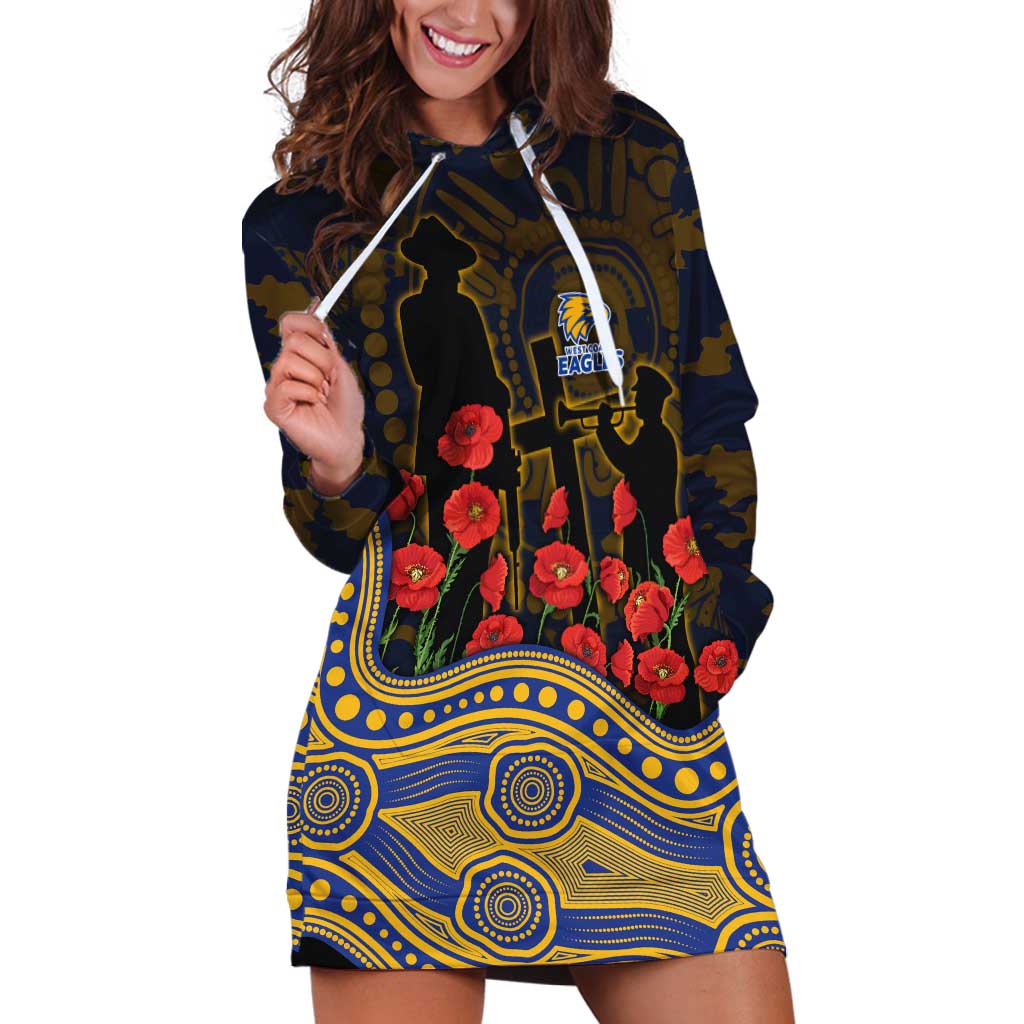 West Coast Eagles ANZAC Day Hoodie Dress Indigenous Dot Art with Poppy Flower Tribute