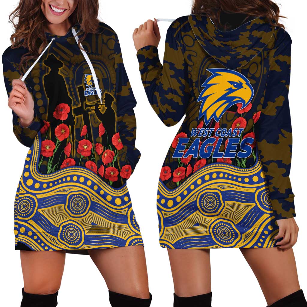 West Coast Eagles ANZAC Day Hoodie Dress Indigenous Dot Art with Poppy Flower Tribute