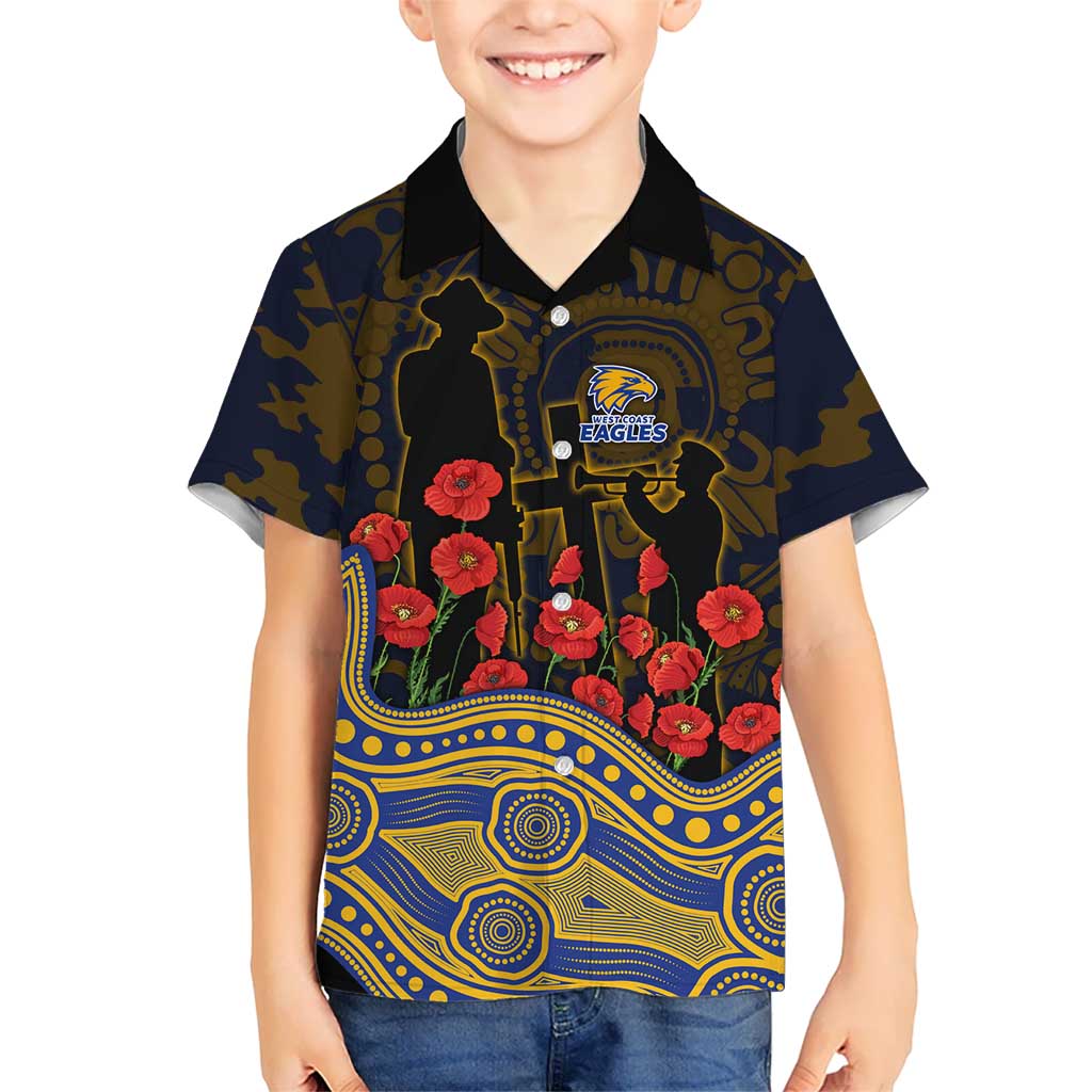 West Coast Eagles ANZAC Day Kid Hawaiian Shirt Indigenous Dot Art with Poppy Flower Tribute