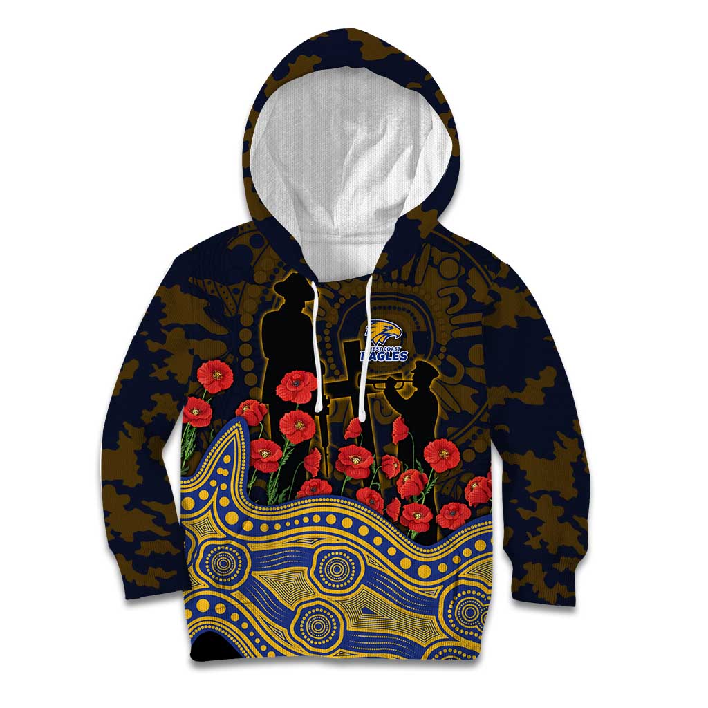 West Coast Eagles ANZAC Day Kid Hoodie Indigenous Dot Art with Poppy Flower Tribute