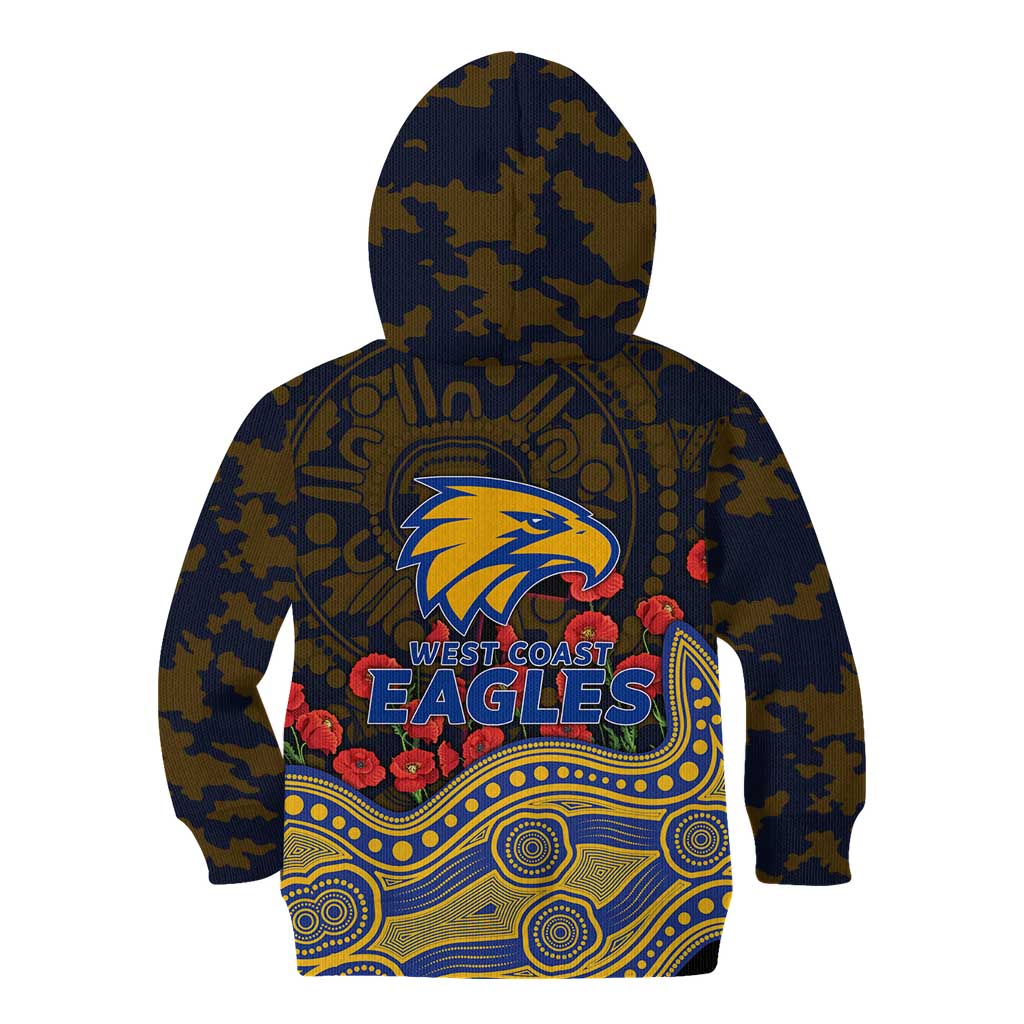 West Coast Eagles ANZAC Day Kid Hoodie Indigenous Dot Art with Poppy Flower Tribute