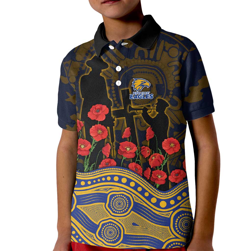 West Coast Eagles ANZAC Day Kid Polo Shirt Indigenous Dot Art with Poppy Flower Tribute