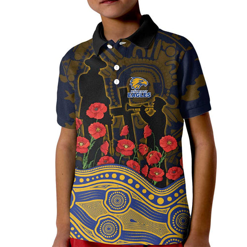 West Coast Eagles ANZAC Day Kid Polo Shirt Indigenous Dot Art with Poppy Flower Tribute