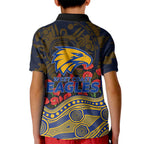 West Coast Eagles ANZAC Day Kid Polo Shirt Indigenous Dot Art with Poppy Flower Tribute