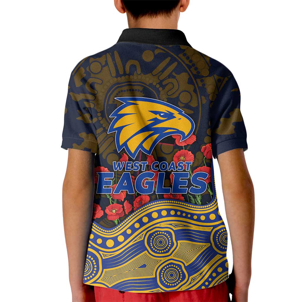 West Coast Eagles ANZAC Day Kid Polo Shirt Indigenous Dot Art with Poppy Flower Tribute