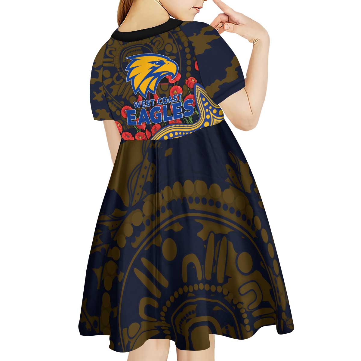 West Coast Eagles ANZAC Day Kid Short Sleeve Dress Indigenous Dot Art with Poppy Flower Tribute
