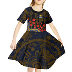 West Coast Eagles ANZAC Day Kid Short Sleeve Dress Indigenous Dot Art with Poppy Flower Tribute