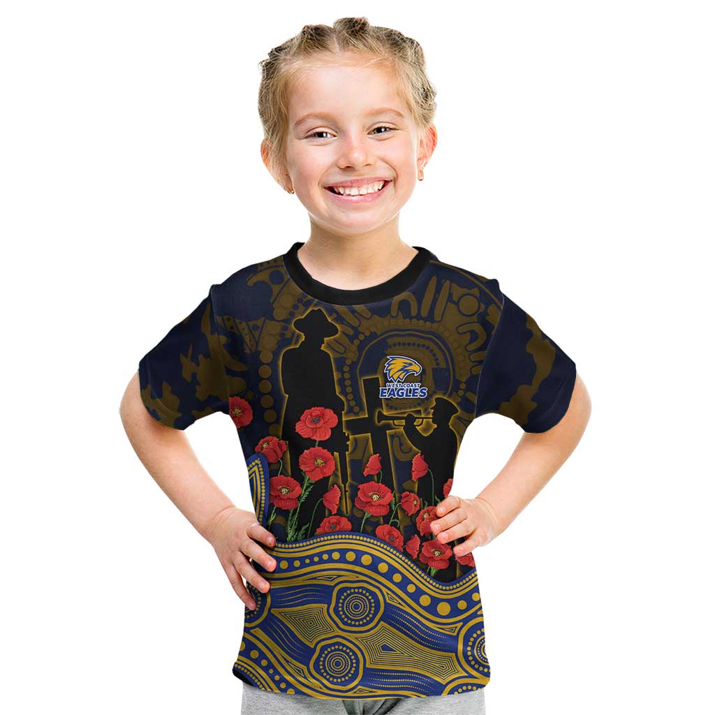 West Coast Eagles ANZAC Day Kid T Shirt Indigenous Dot Art with Poppy Flower Tribute