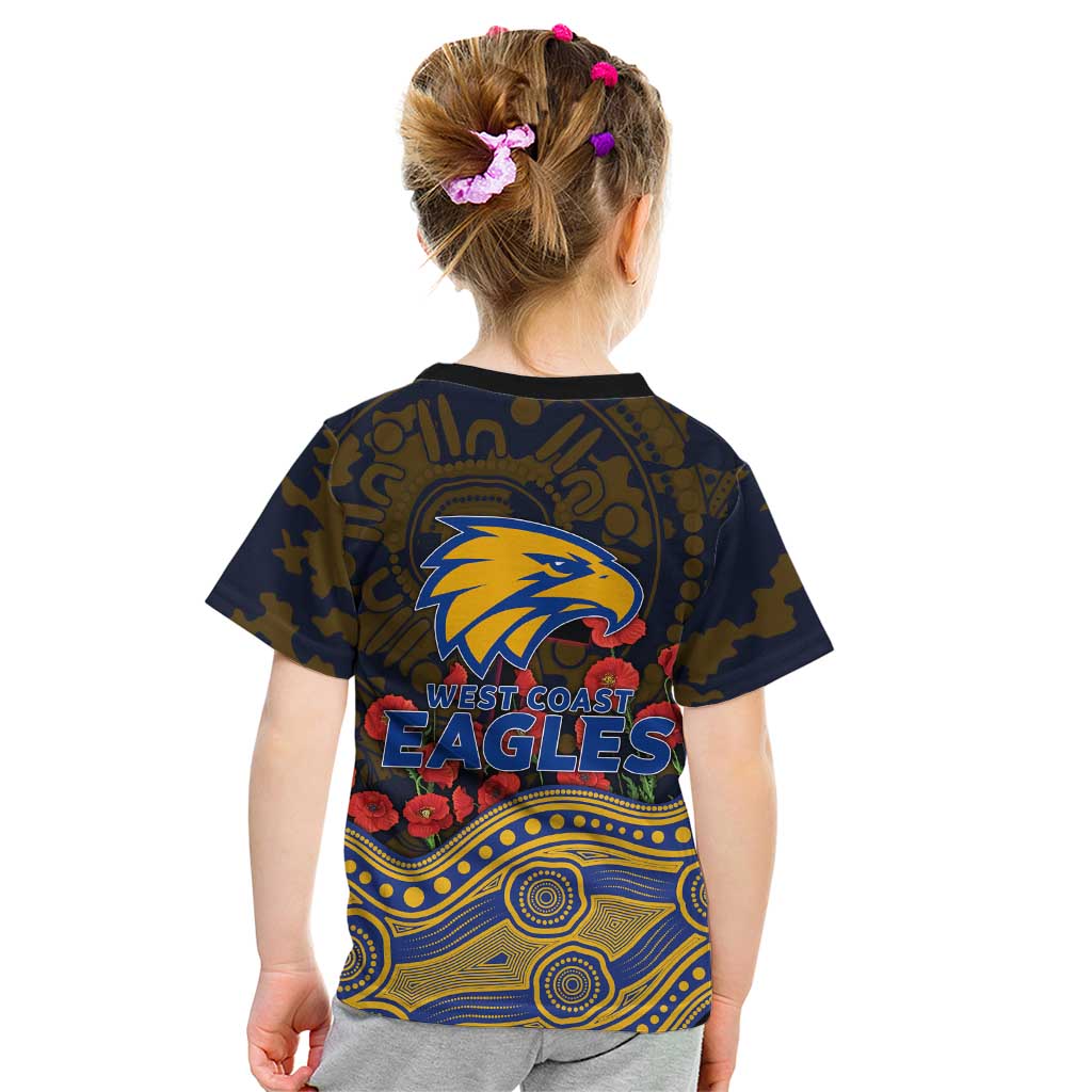 West Coast Eagles ANZAC Day Kid T Shirt Indigenous Dot Art with Poppy Flower Tribute