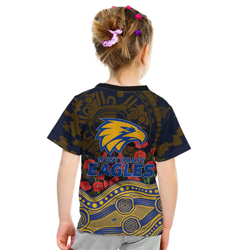 West Coast Eagles ANZAC Day Kid T Shirt Indigenous Dot Art with Poppy Flower Tribute