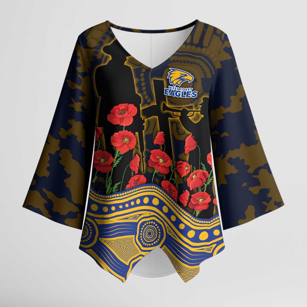 West Coast Eagles ANZAC Day Kimono Sleeve Blouse Indigenous Dot Art with Poppy Flower Tribute
