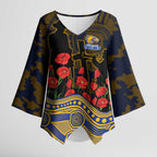 West Coast Eagles ANZAC Day Kimono Sleeve Blouse Indigenous Dot Art with Poppy Flower Tribute