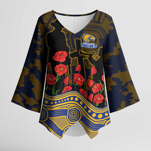 West Coast Eagles ANZAC Day Kimono Sleeve Blouse Indigenous Dot Art with Poppy Flower Tribute
