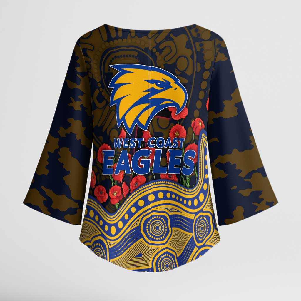 West Coast Eagles ANZAC Day Kimono Sleeve Blouse Indigenous Dot Art with Poppy Flower Tribute
