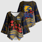 West Coast Eagles ANZAC Day Kimono Sleeve Blouse Indigenous Dot Art with Poppy Flower Tribute