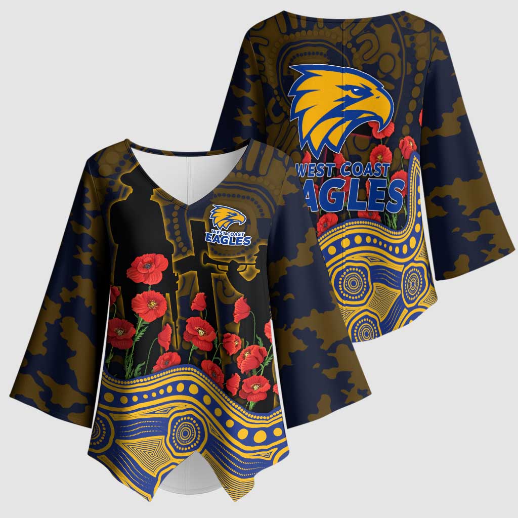 West Coast Eagles ANZAC Day Kimono Sleeve Blouse Indigenous Dot Art with Poppy Flower Tribute