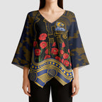 West Coast Eagles ANZAC Day Kimono Sleeve Blouse Indigenous Dot Art with Poppy Flower Tribute