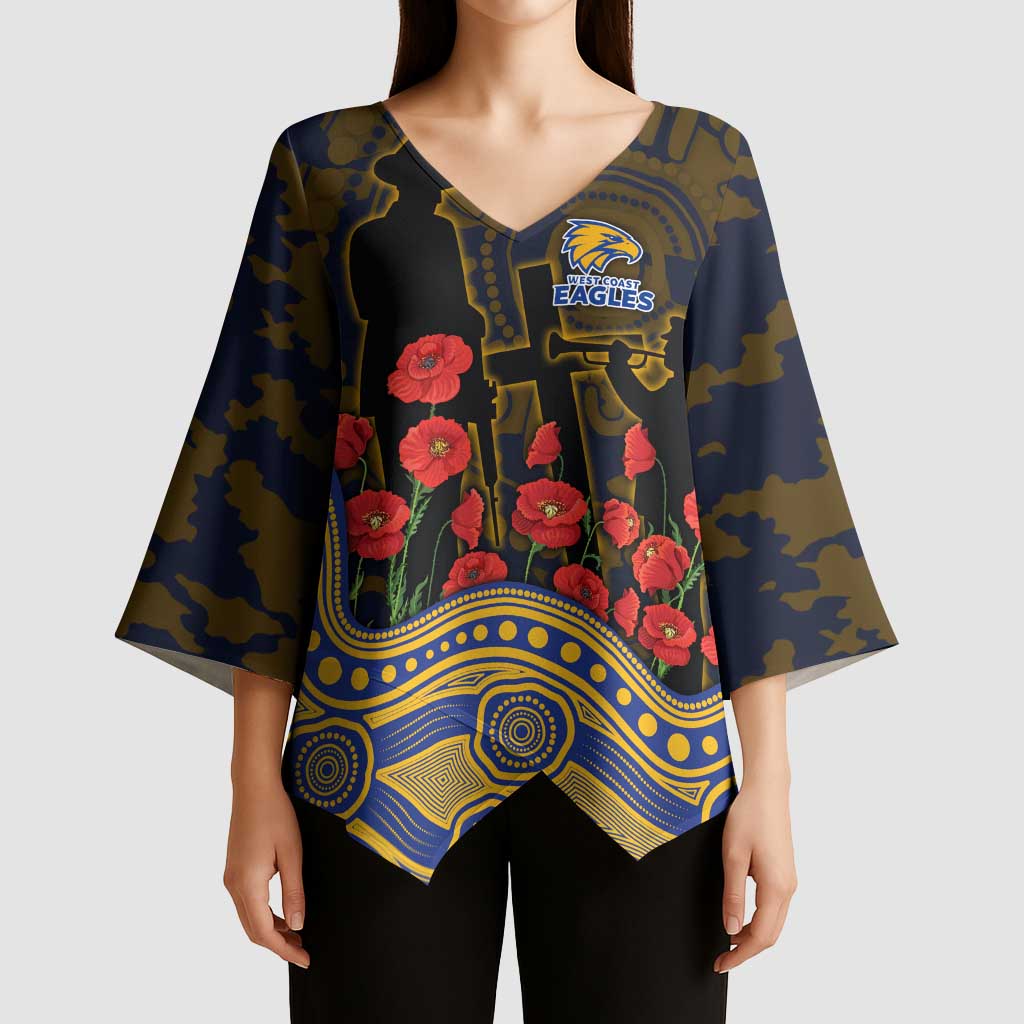 West Coast Eagles ANZAC Day Kimono Sleeve Blouse Indigenous Dot Art with Poppy Flower Tribute